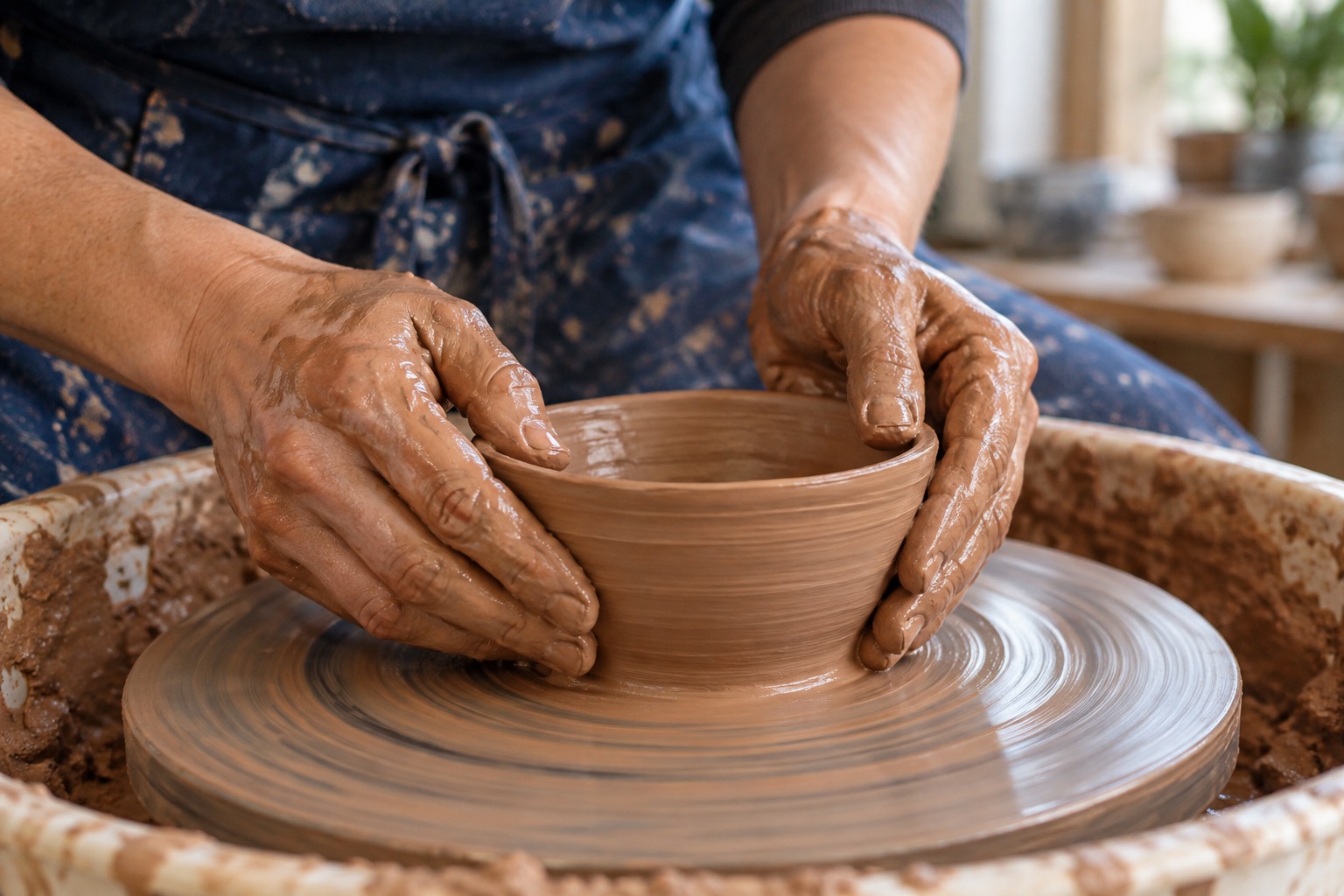 Clay-covered hands learning to shape a bowl on a pottery wheel